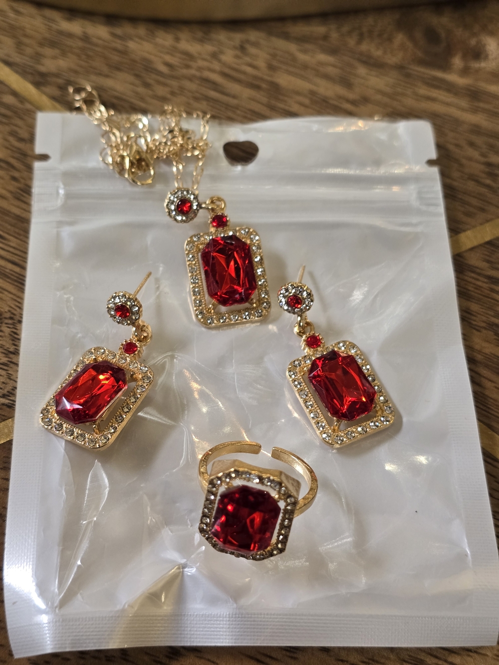 Gold-Tone Red Crystal Necklace, Earrings & Ring Set